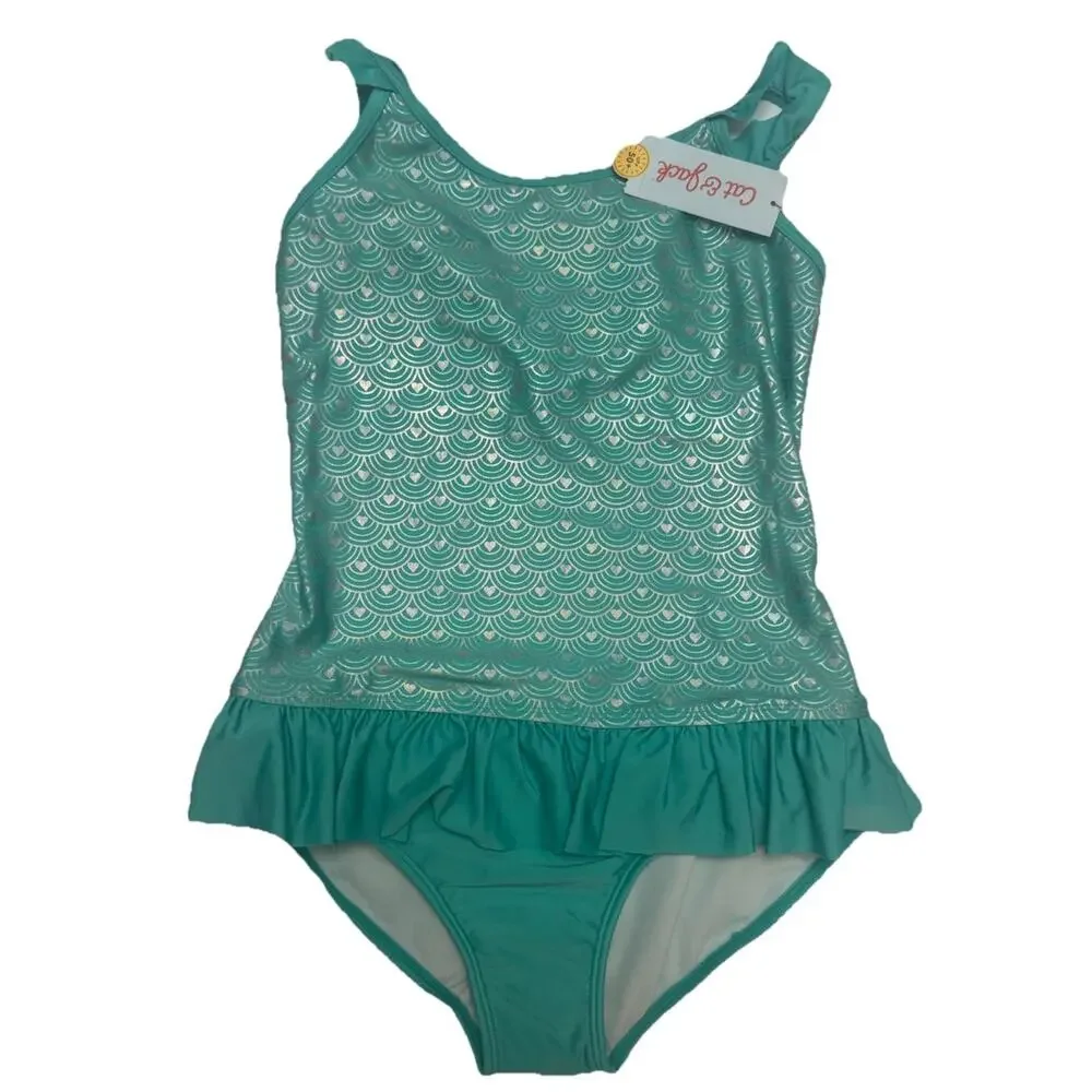 Cat & Jack Girls Plus L One Piece Swimsuit Aqua Silver Scallop NWT UPF 50